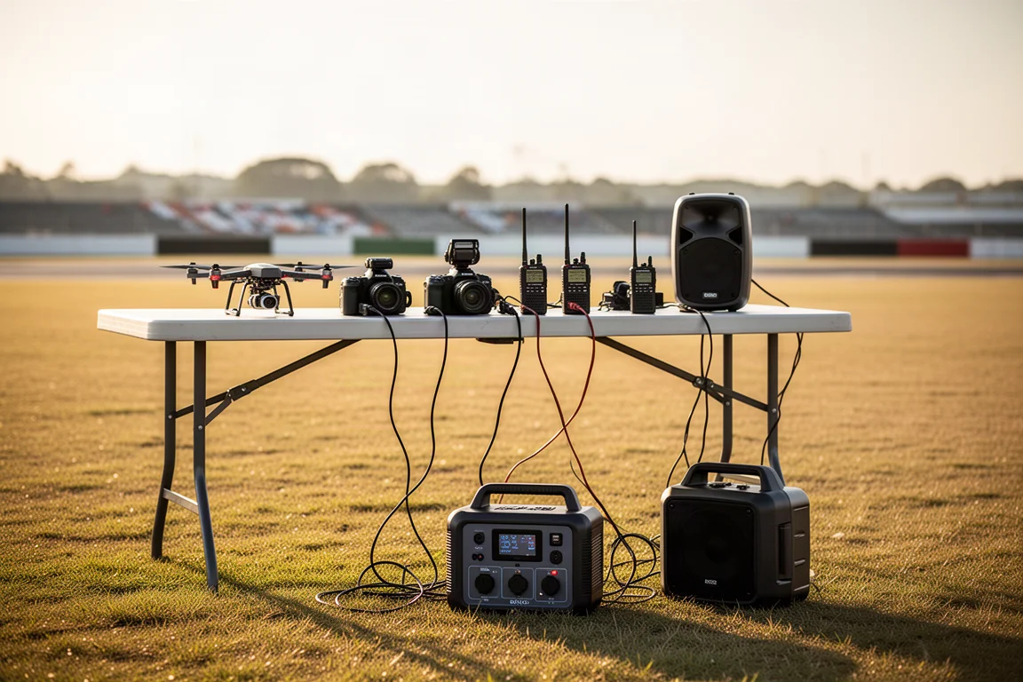 Outdoor event scene with drones, cameras and radios charging from one power station