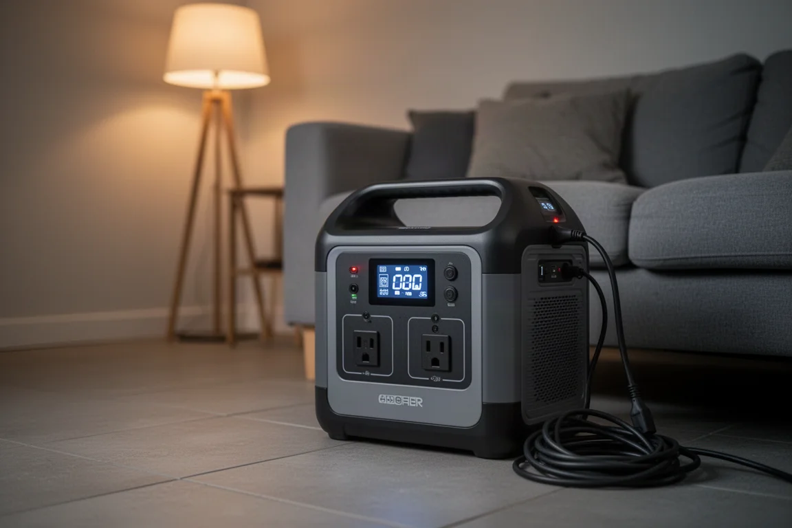 Power station quietly charging indoors beside warm lamp light in the evening