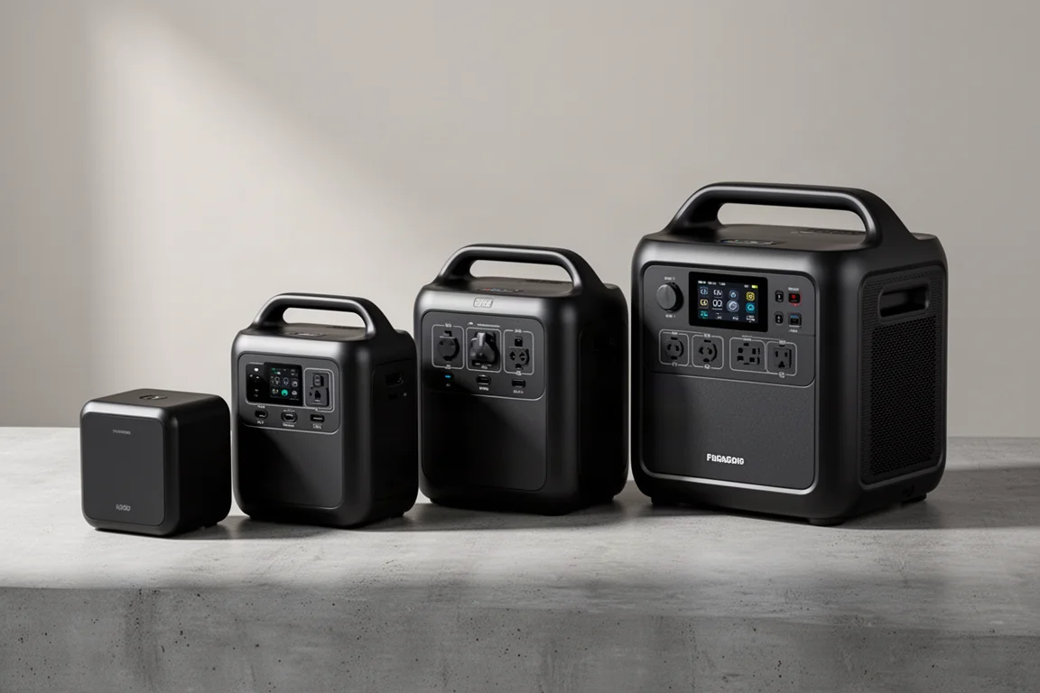 Four DJI portable power stations arranged from small to large on a concrete surface