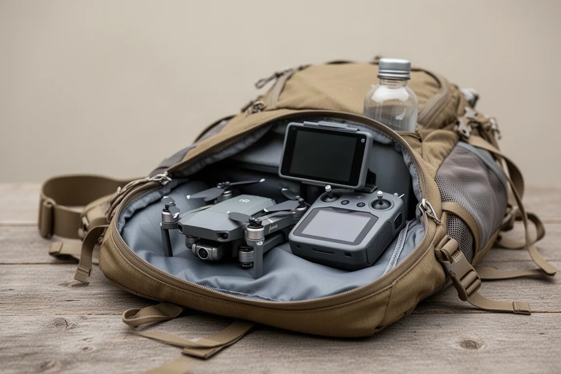 Wanderer verstaut eine kleine Drohne samt Fernsteuerung in einem leichten Tagesrucksack