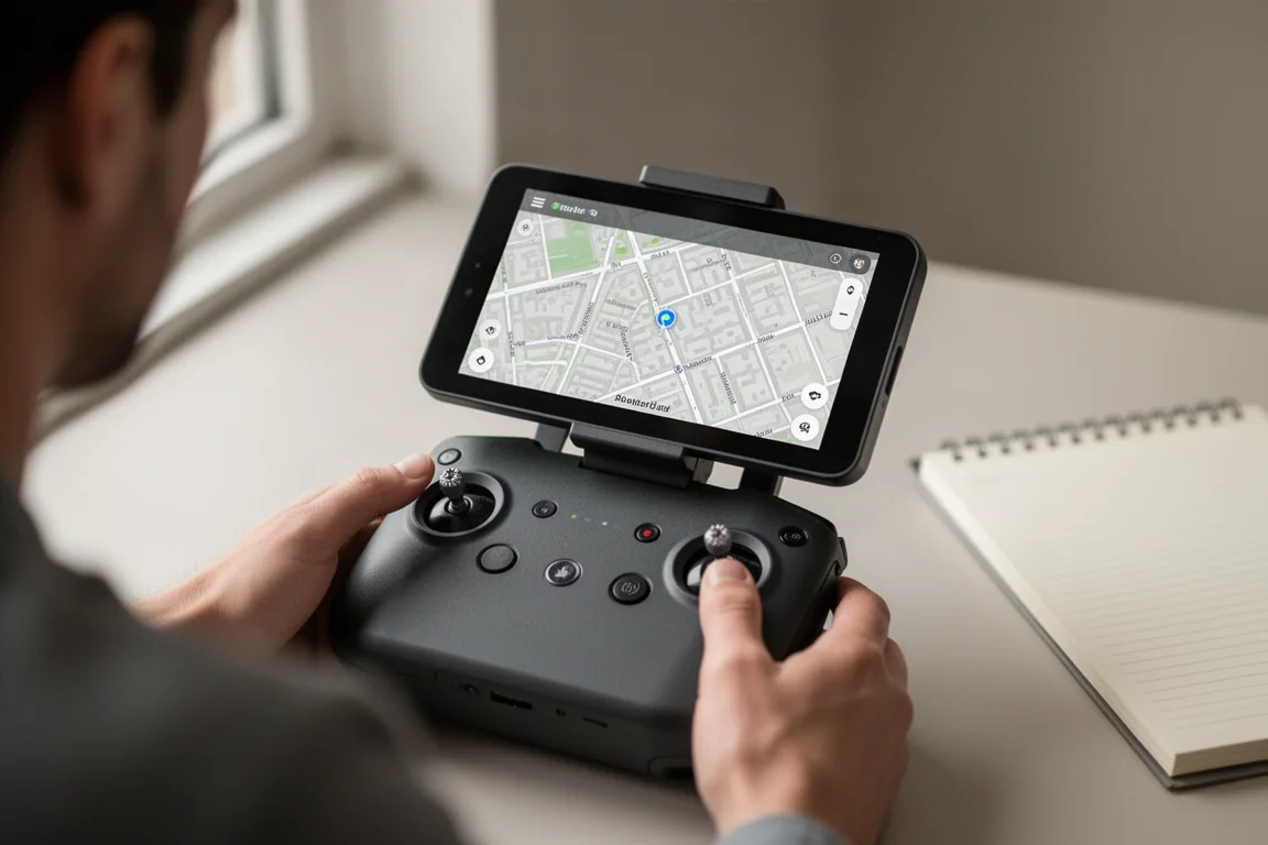 Detalle del mapa fuera de pantalla en un mando compacto de dron a gran zoom