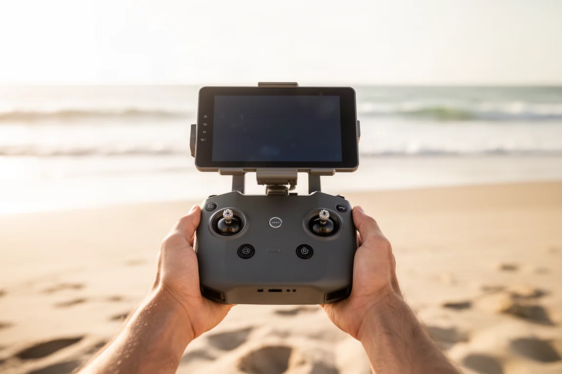 Pantalla del mando de dron brillando bajo el sol intenso en una playa