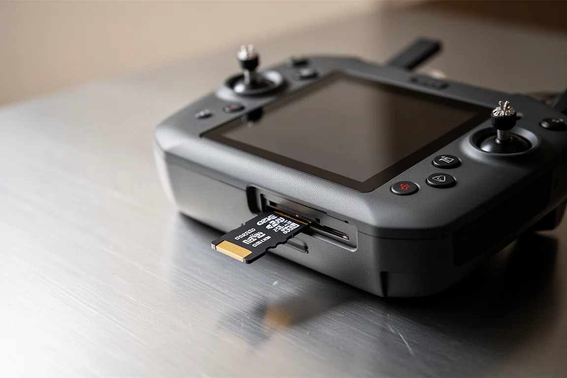 Tarjeta micro SD insertándose en la ranura inferior de un mando de dron