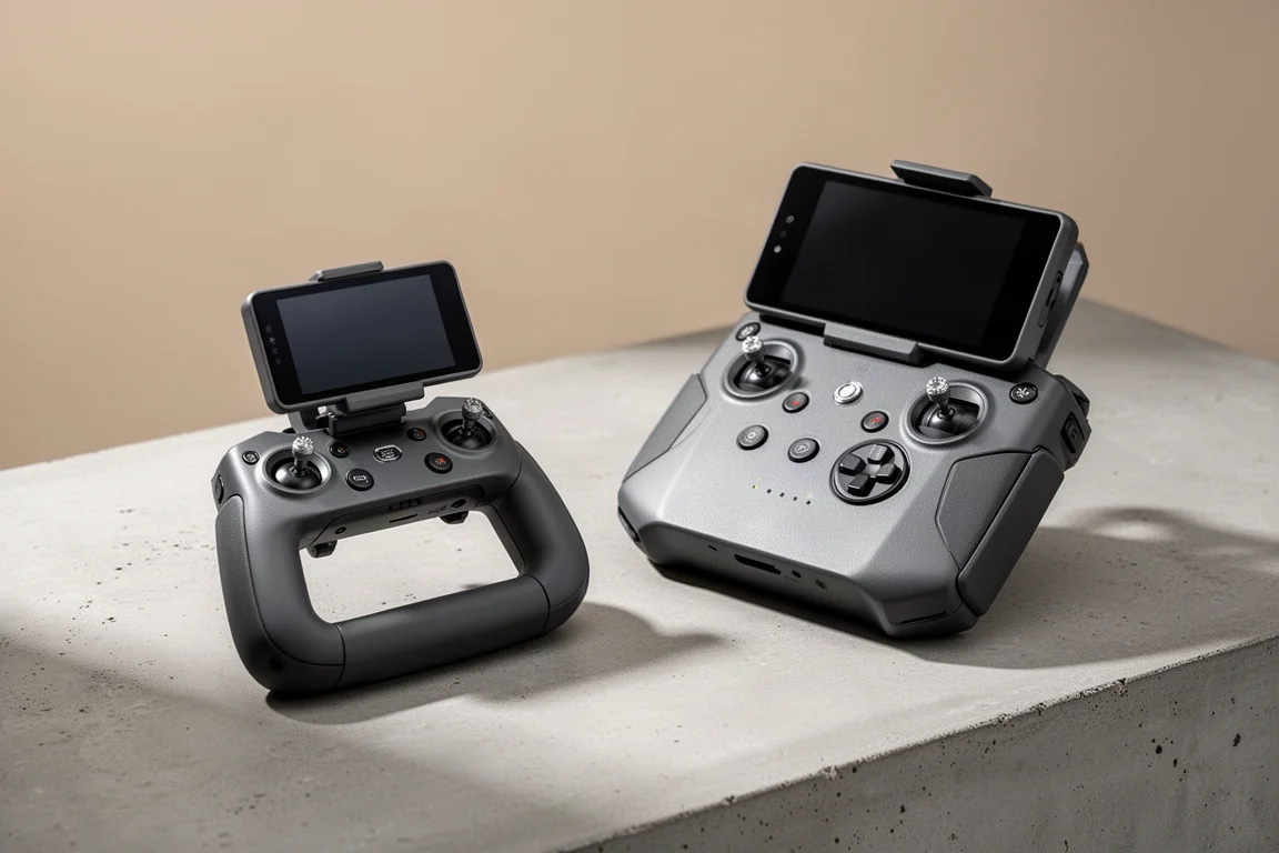 Two DJI-style drone controllers with built-in screens on a concrete surface