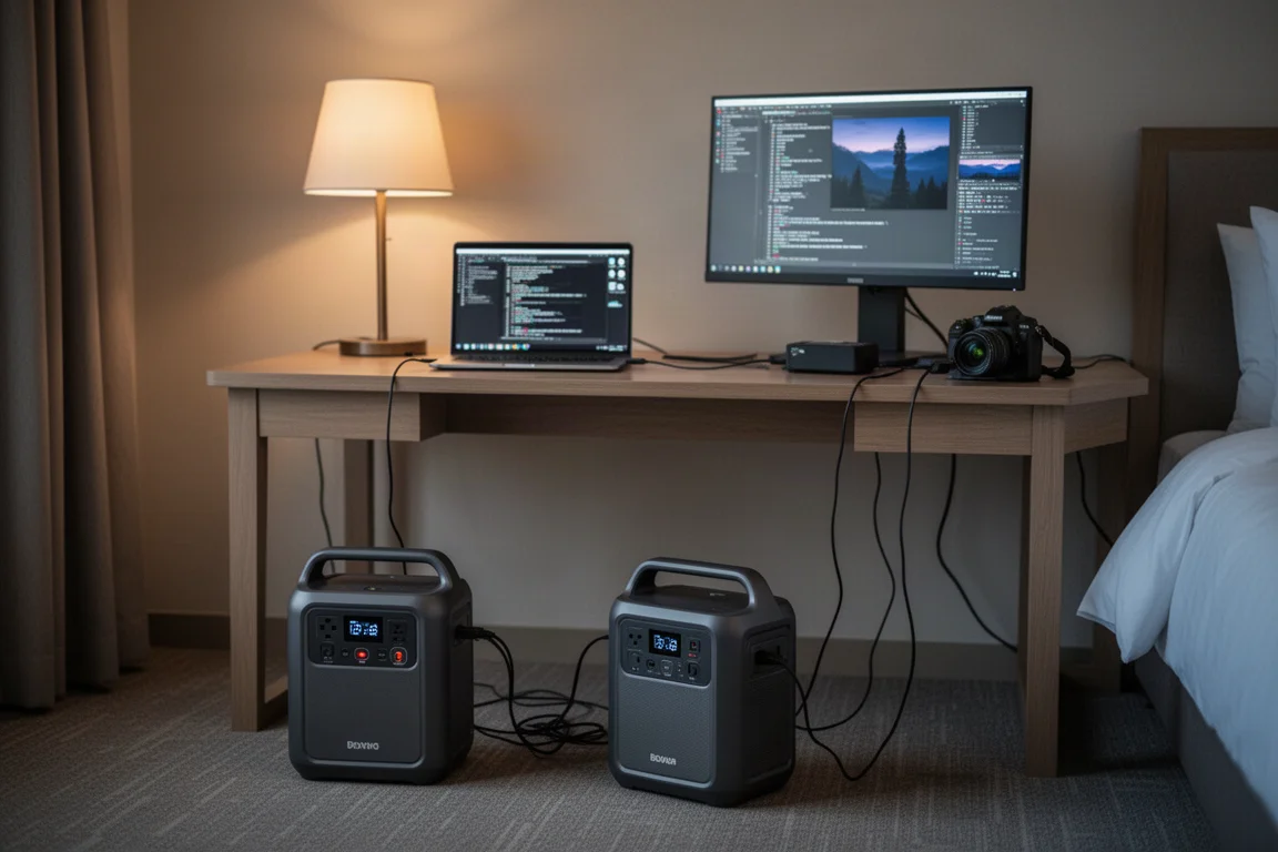 Viajante carregando dispositivos a partir de uma estação de energia portátil em um quarto de hotel