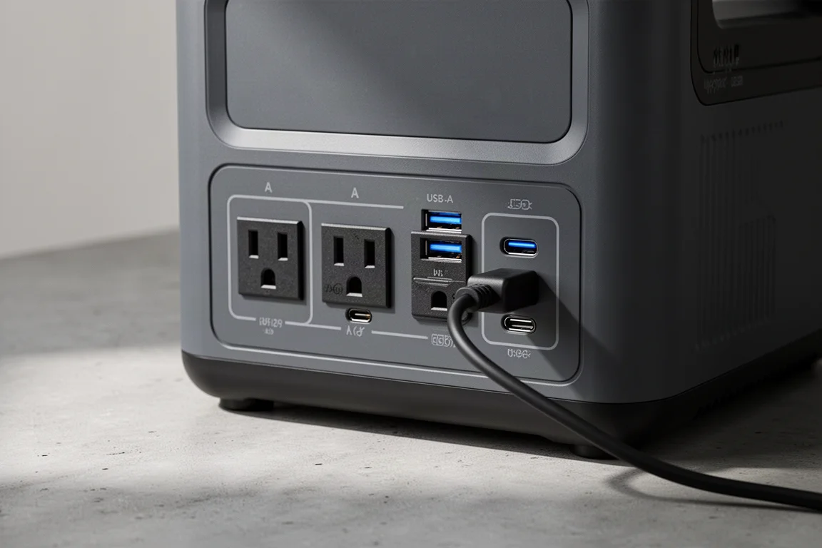 Painel frontal de uma estação de energia portátil mostrando portas AC e USB em uso