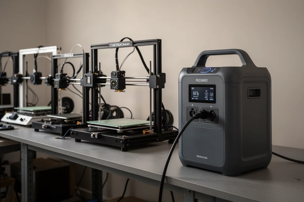 Impressoras 3D funcionando em uma oficina alimentadas por uma estação de energia portátil