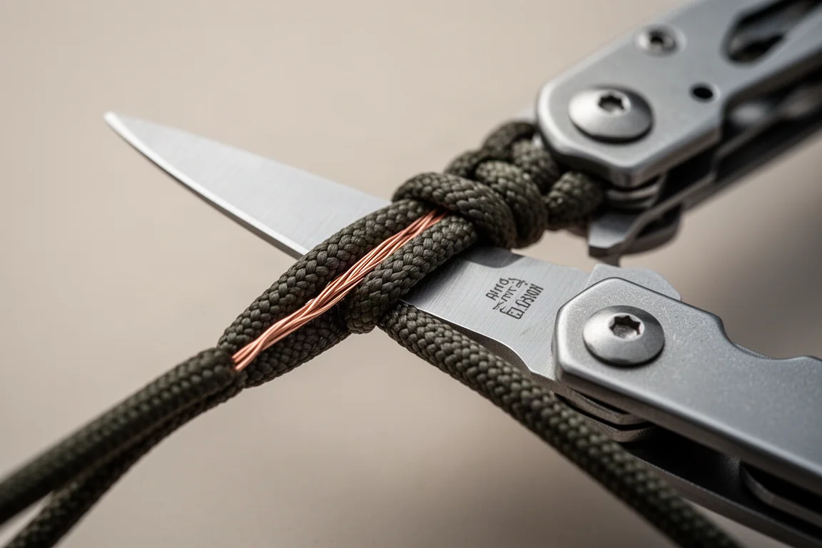 Zbliżenie na nożyczki multitooli przecinające grubą linkę paracord