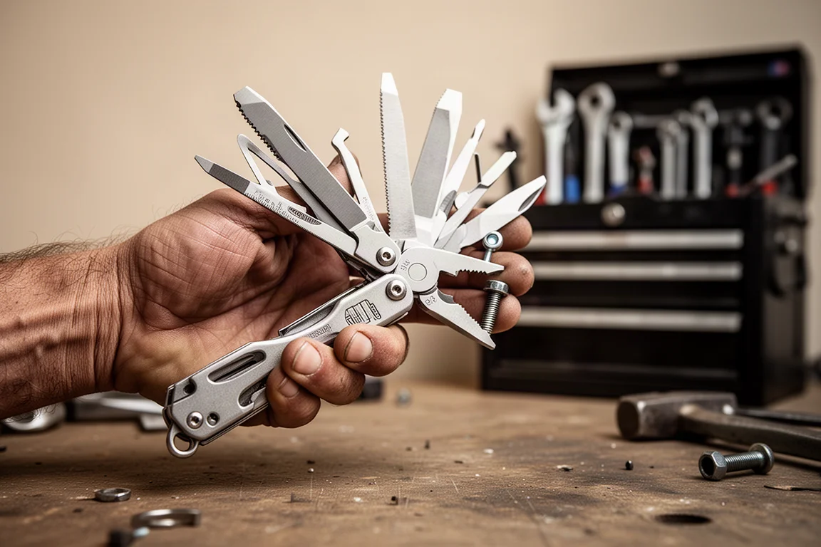 Duży multitool trzymany otwarty w rękawicy na warsztatowym stole