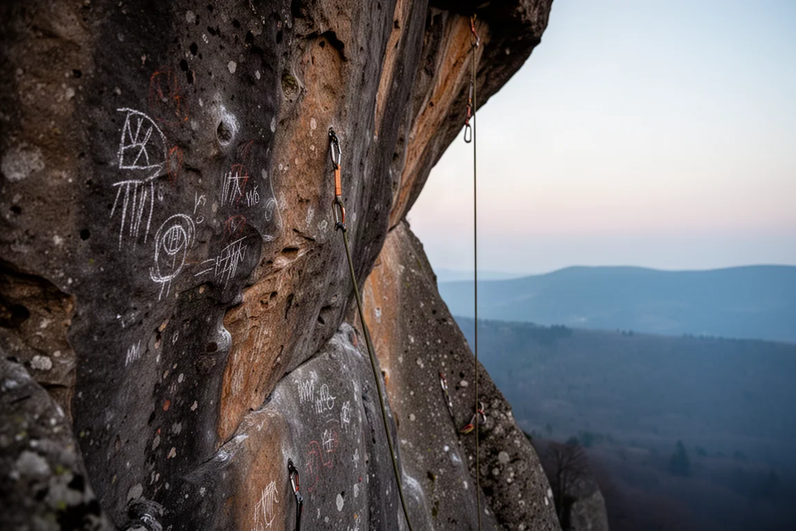Överhängande dry tooling-klippa i skymningen med ett klättringsrep hängande nedför väggen