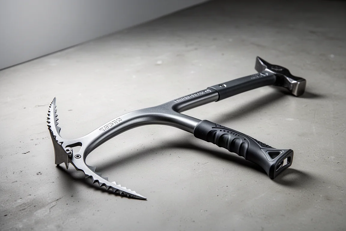 Technical ice axe with curved forged shaft and serrated pick on a concrete surface