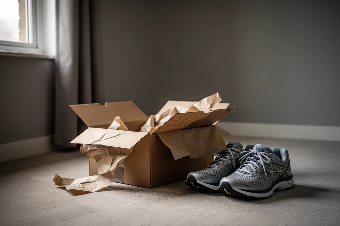 Een paar hardloopschoenen uit de originele schoenendoos gehaald in een schemerige logeerkamer