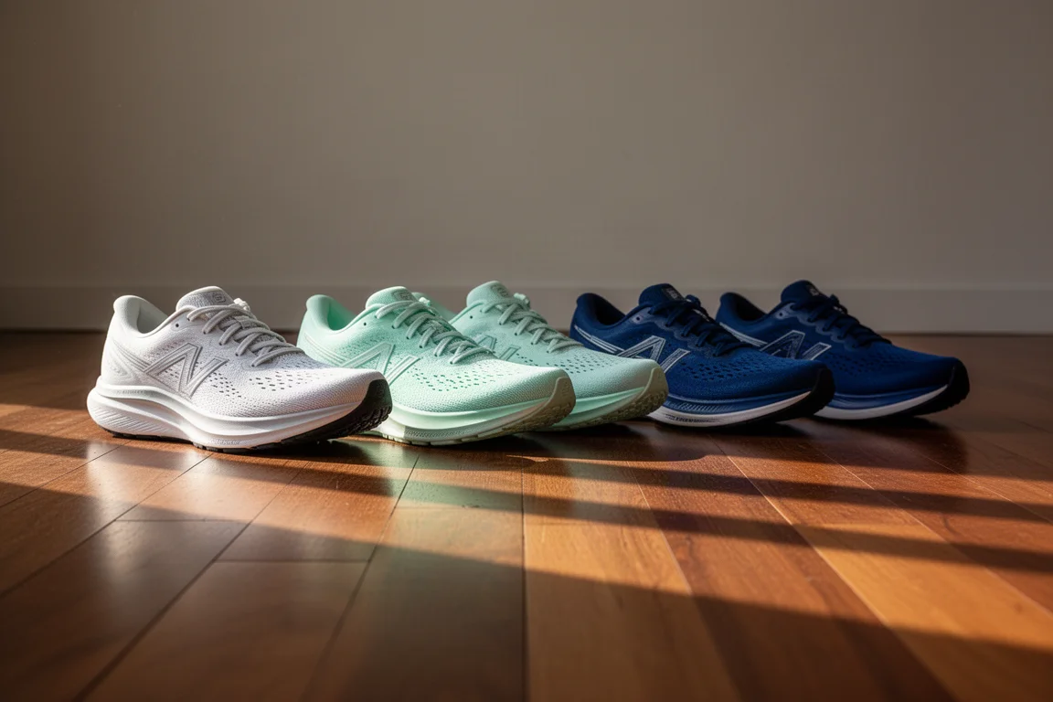 Meerdere paren hardloopschoenen op een rij op een houten vloer in avondlicht