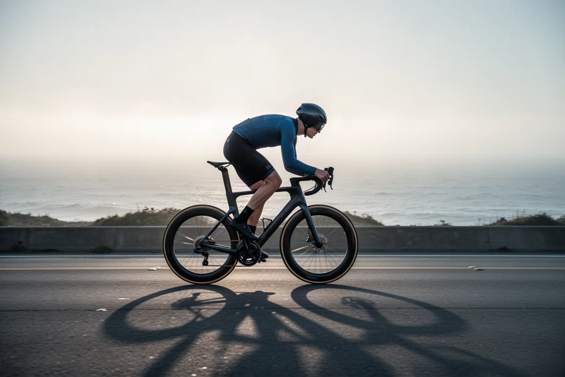 Carbon road bike mounted on rollers inside a wind tunnel testing facility