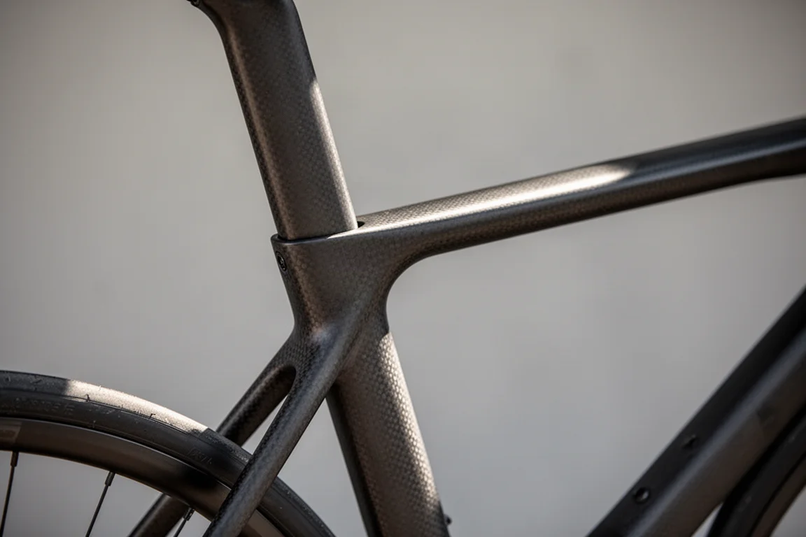 Close-up of a dropped seat stay meeting the seat tube on a carbon road frame