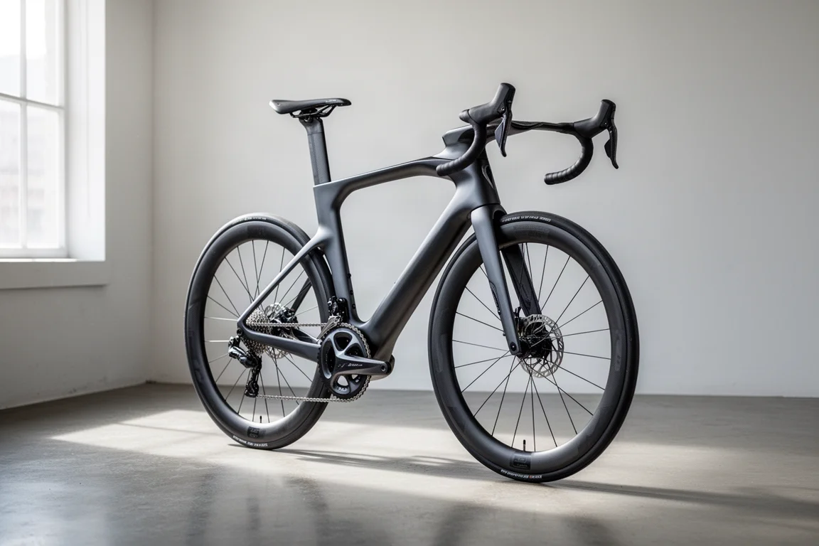 Three carbon road racing bikes with deep-section wheels lined up on a concrete studio floor