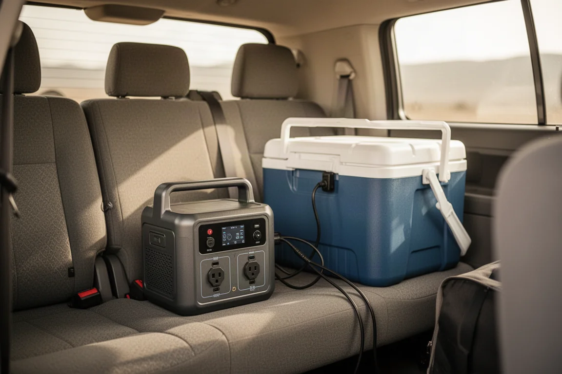 Kompakte tragbare Powerstation auf einem Autositz neben einer Transportkühlbox