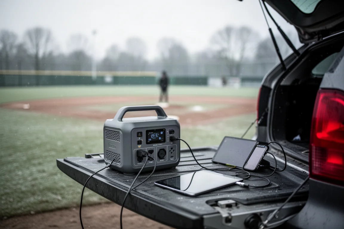 Telefon und Tablet werden an einer Powerstation auf einem Sportplatz im Freien geladen