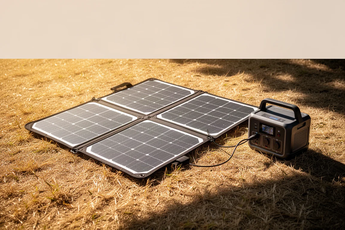 Faltbares Solarpanel liegt bei hellem Sonnenlicht neben einer Powerstation