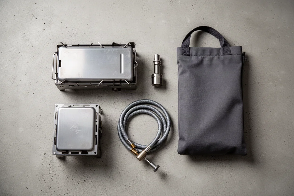 Overhead flat-lay of a folding cassette stove, its fabric case, coiled hose and adapter on concrete