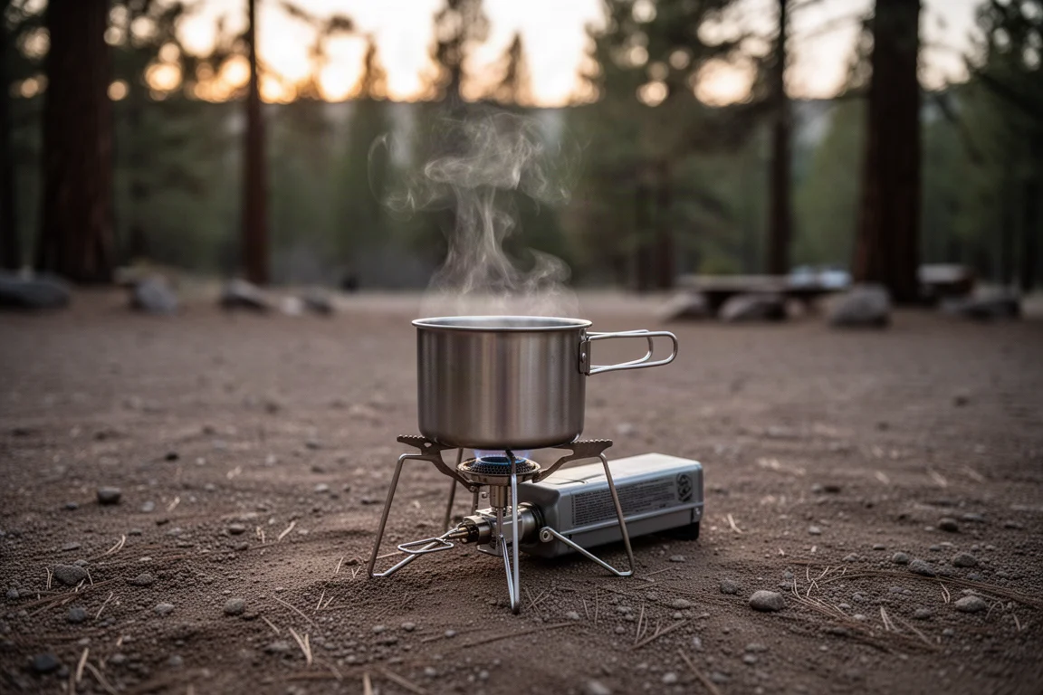 Steel pot on a folded cassette stove with steam rising at a campsite in low evening light