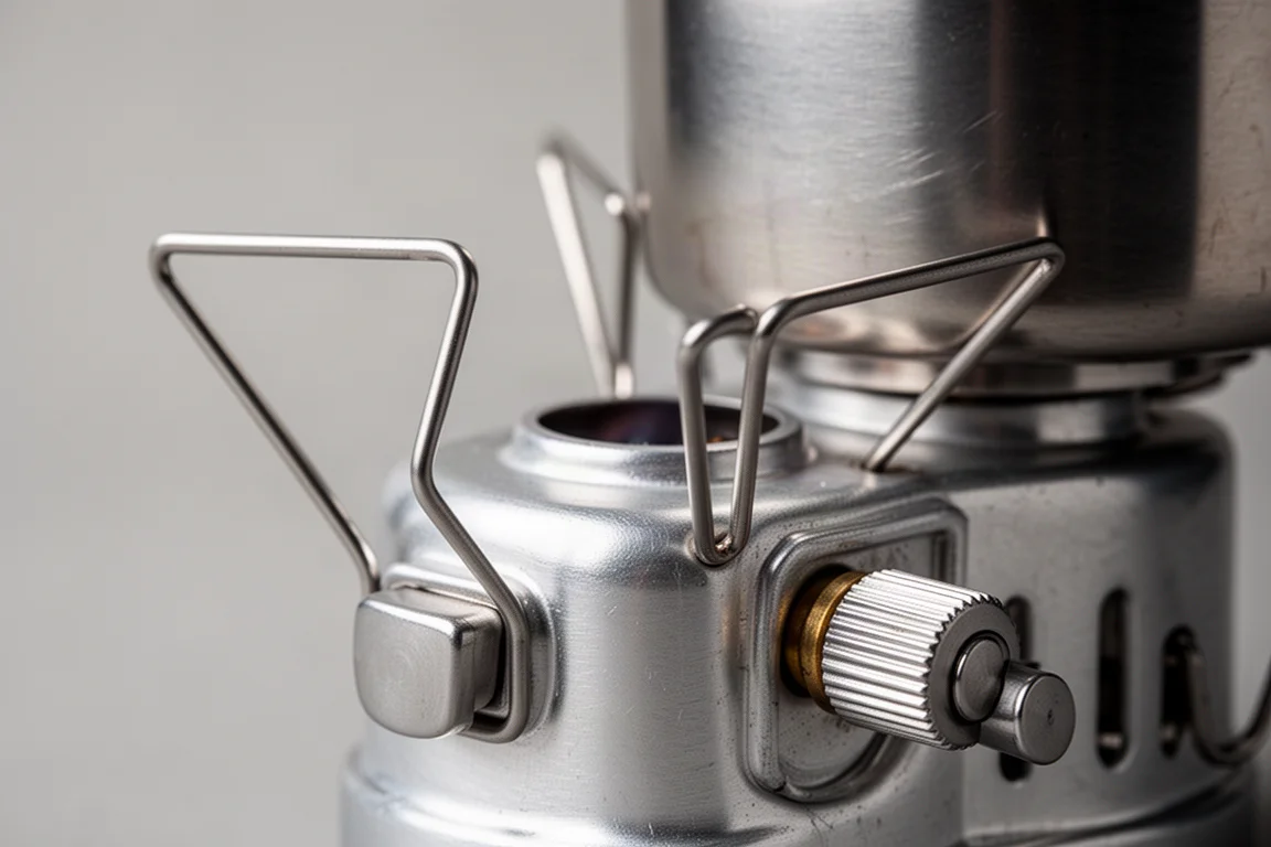 Close-up of flip-out pot supports and control valve on a folding aluminum camping stove