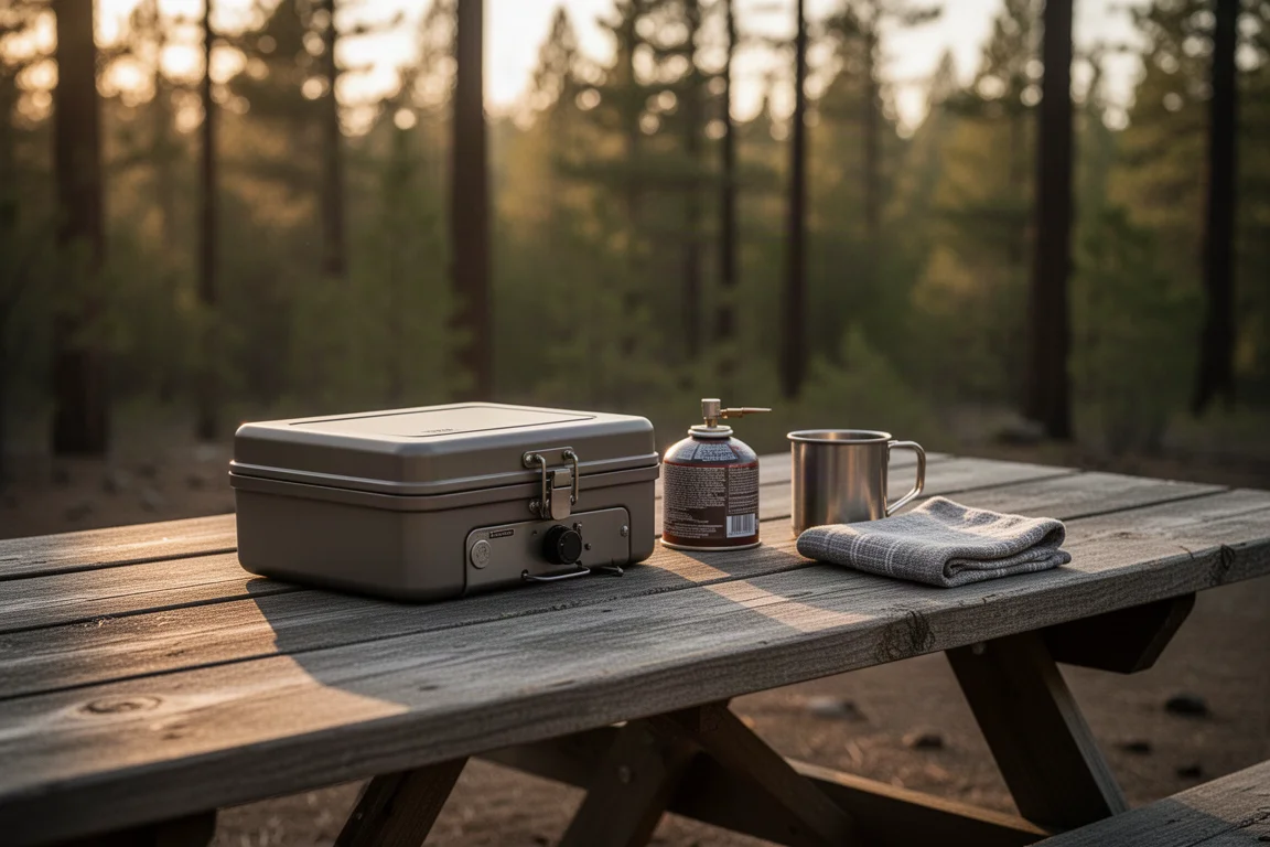 Compact camp kitchen on a wooden table with folded stove case and fuel canister at golden hour