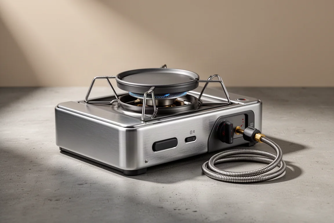 Partially unfolded aluminum cassette camping stove with pot supports and fuel hose on concrete