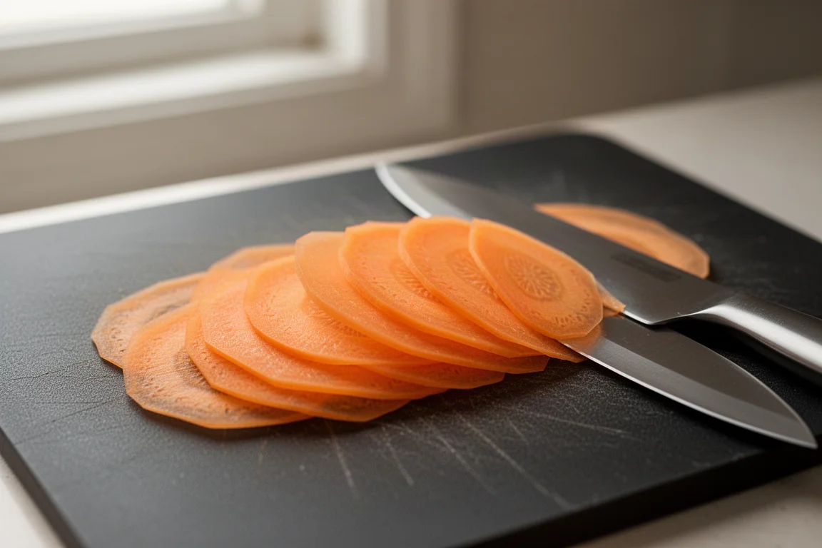 Thin slices of carrot falling from a knife on a cutting board