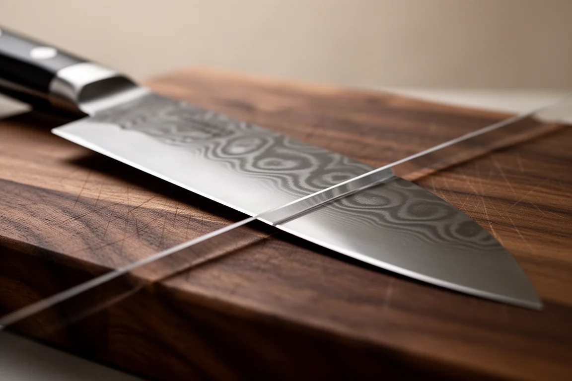 Close-up of a polished knife edge resting on a cutting board