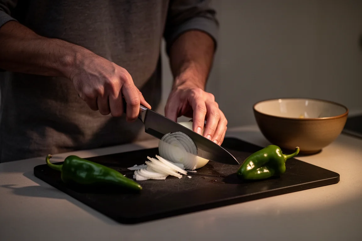 Home cook slicing vegetables on a kitchen counter at dusk