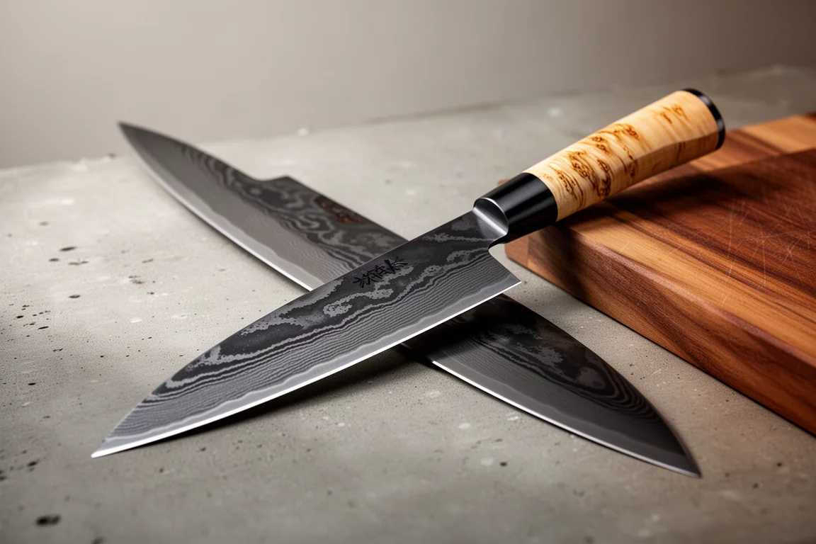 Docsmith K-tip gyuto with dark etched Damascus blade and birch handle on concrete surface