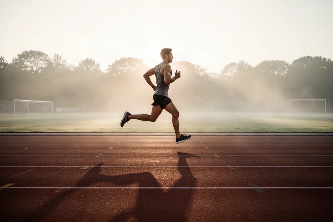 Atleta correndo tiros de tempo em uma pista vazia ao amanhecer