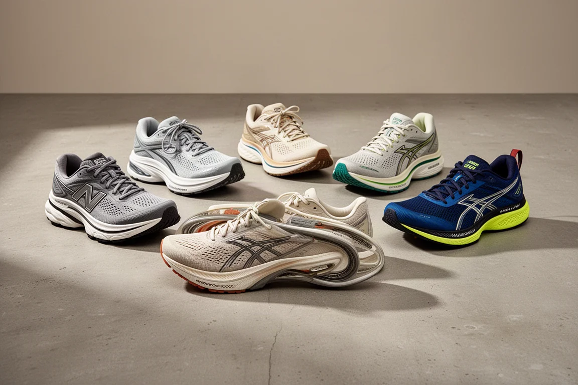Eight varied running shoes arranged in an arc on a concrete surface