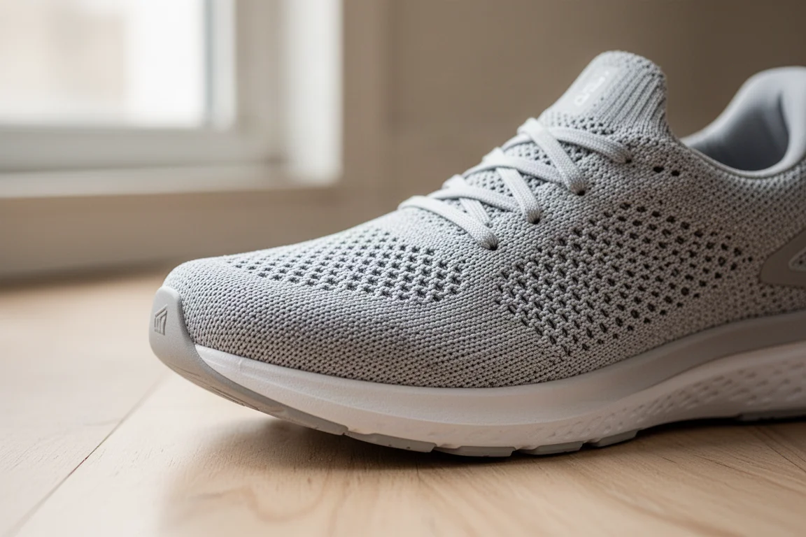 Nahaufnahme eines gestrickten Laufschuh-Obermaterials im natürlichen Fensterlicht