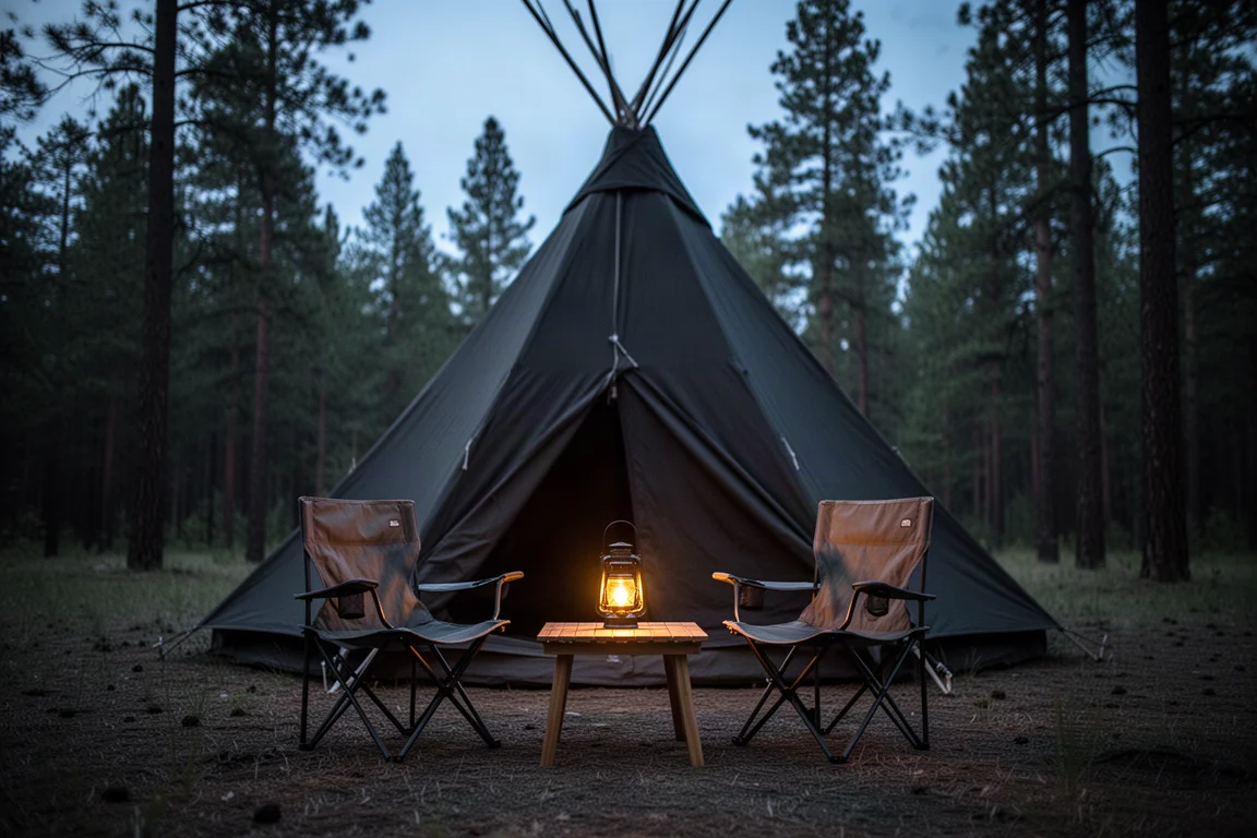 Kvällscamping med fällstolar och en lykta utanför ett stort teepee-tält