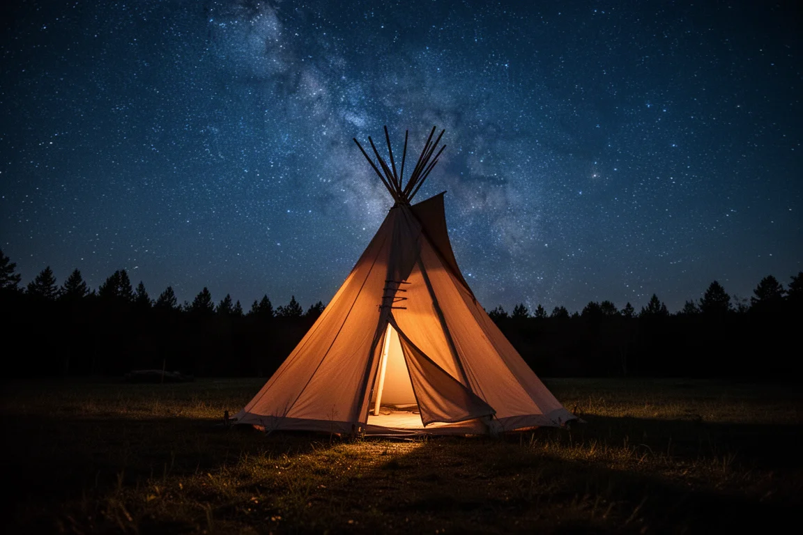Silhuett av teepee-tält under stjärnklar natthimmel med varmt ljus från dörren