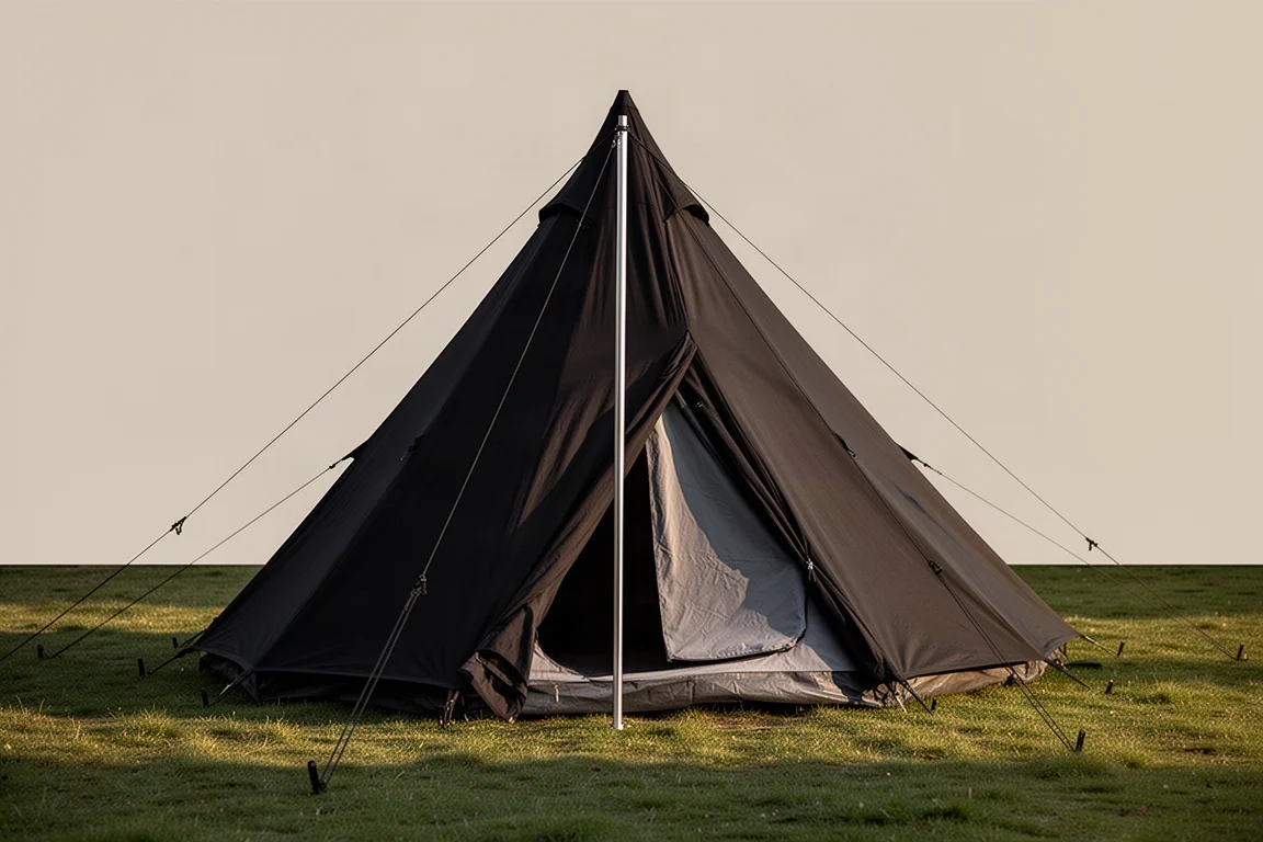 Black five-person teepee camping tent pitched on a grassy campsite clearing