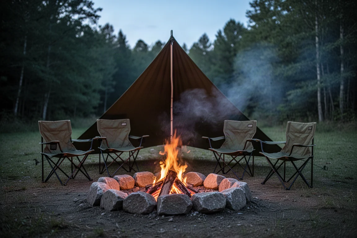 Small campfire in a stone ring with an olive canvas windbreak staked behind it at dusk