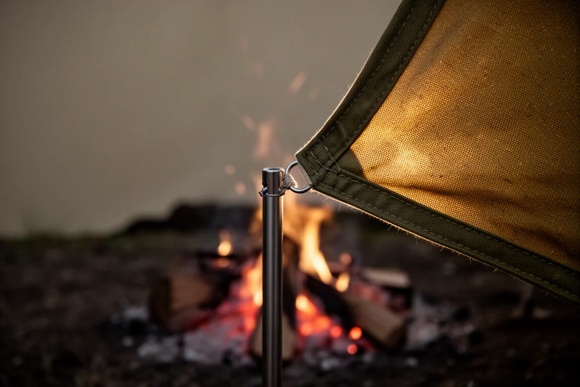Close view of a canvas windbreak sleeve hooked over a steel pole lit by firelight