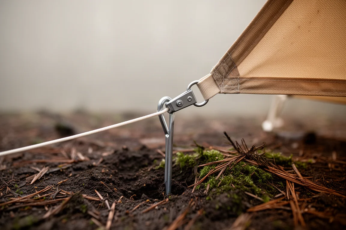 Thin guideline cord and tent stake at a canvas windbreak corner in damp ground