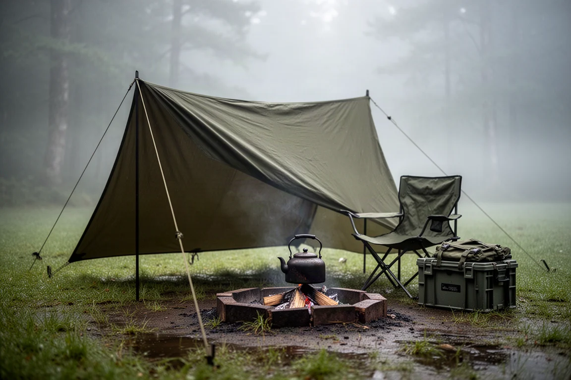 Campsite in morning mist with windbreak, low fire pit, kettle, and camp chair