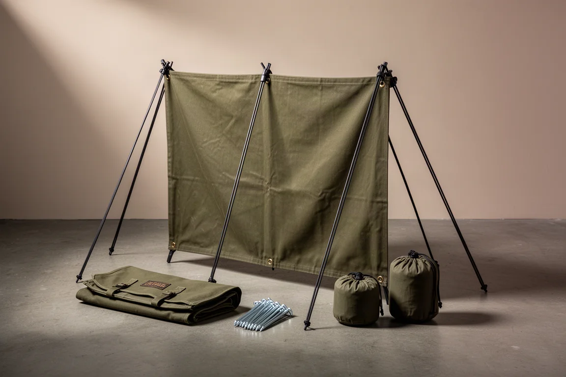 Olive canvas campfire windbreak with steel poles, carry case, and tent stakes on a studio floor