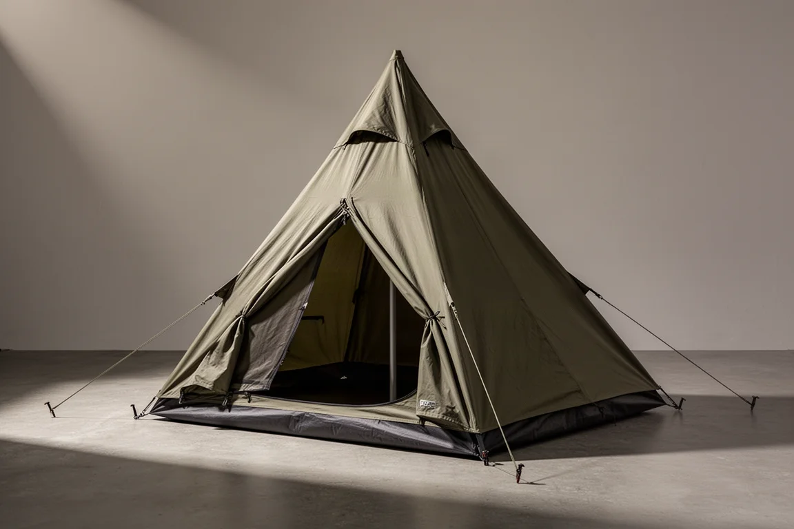 Compact single-pole camping tent pitched on a concrete surface with guy lines staked out