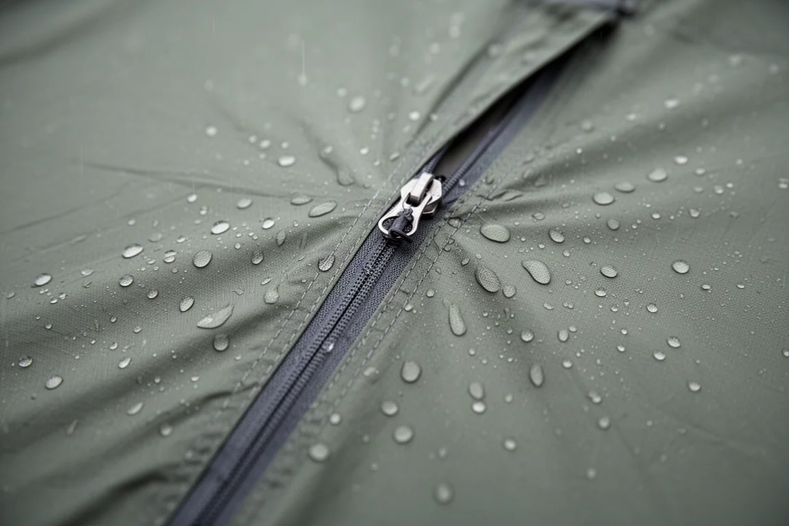 帐篷外帐布料上的雨珠与拉链防风挡片
