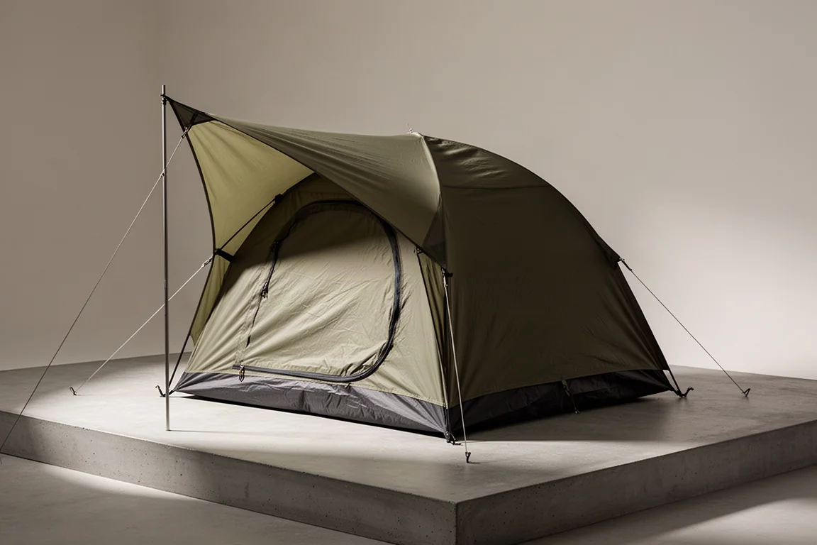 Single-pole camping tent pitched on a concrete platform in soft studio light