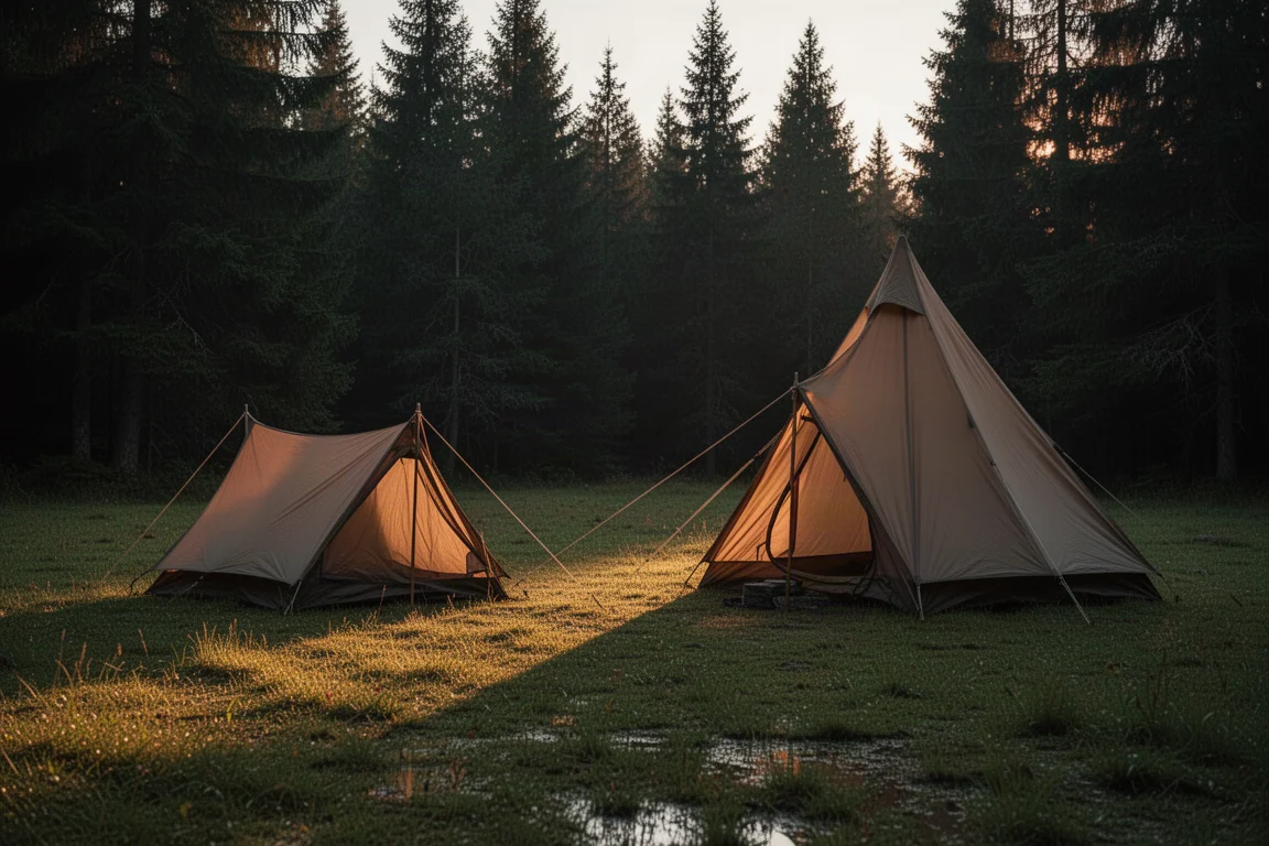 Två tält i olika storlekar uppsatta på en skogs campingplats på kvällen