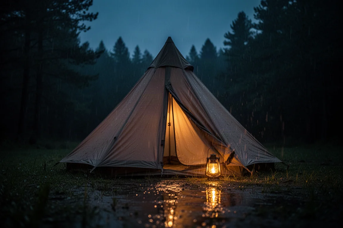 Barraca teepee de mastro único montada em um prado gramado sob um céu nublado cinza baixo