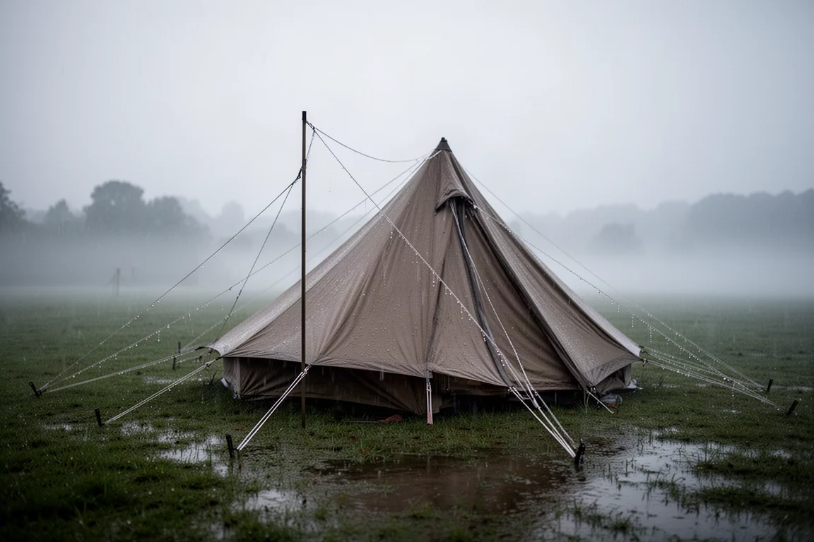 Acampamento úmido ao amanhecer após chuva noturna com uma barraca em pé na grama molhada