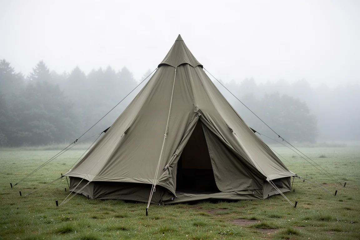 Olivfärgat campingtält av teepee-modell med en enda stång uppsatt på en gräsbevuxen campingplats